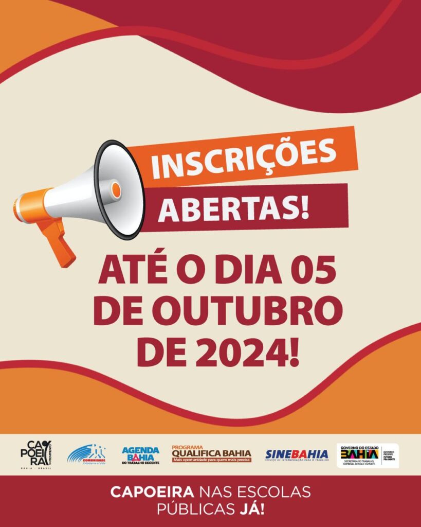 card nas cores vermelha, laranja e bege com um megafone onde sai o texto: INSCRIÇÕES ABERTAS! ATÉ O DIA CINCO DE OUTUBRO DE 2024!